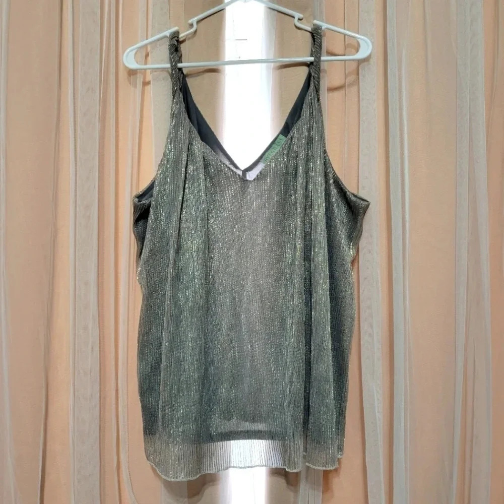 Rye Grass Twisted Strap Flowy Metallic Tank Top, Double V-Neckline, Size XL, EUC